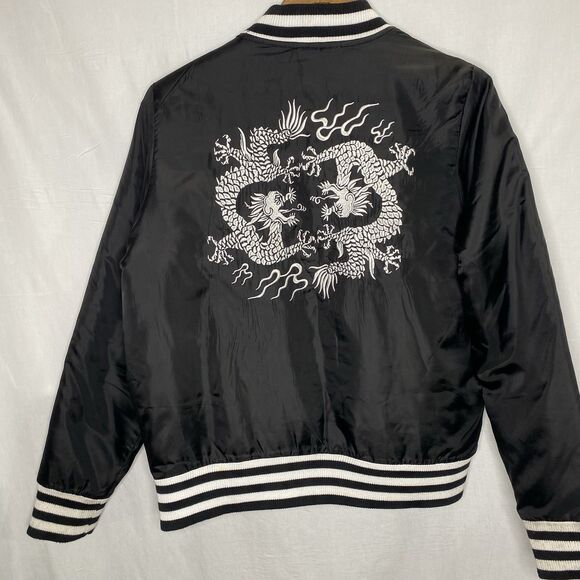 EMMA & POSH Bomber Jacket Satin Embroidered Dragon Womens M Black White - Picture 2 of 10